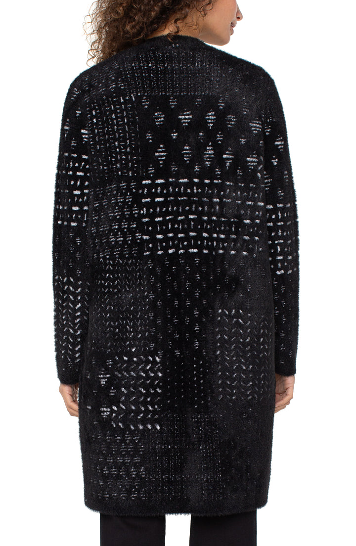 LONG SLEEVE COLLARLESS OPEN FRONT SWEATER COAT - BLACK/WHITE PATCHWORK