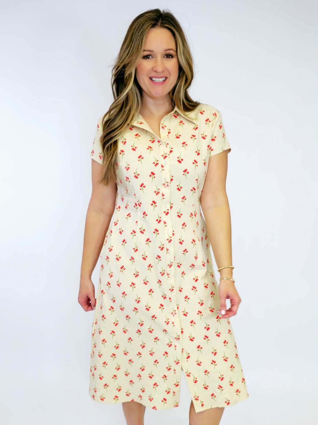 SWEET CHERRY COLLARED MIDI DRESS - CREAM