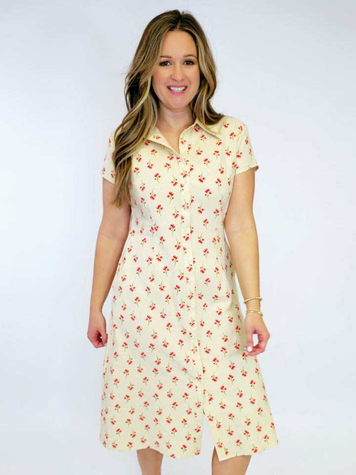 SWEET CHERRY COLLARED MIDI DRESS - CREAM