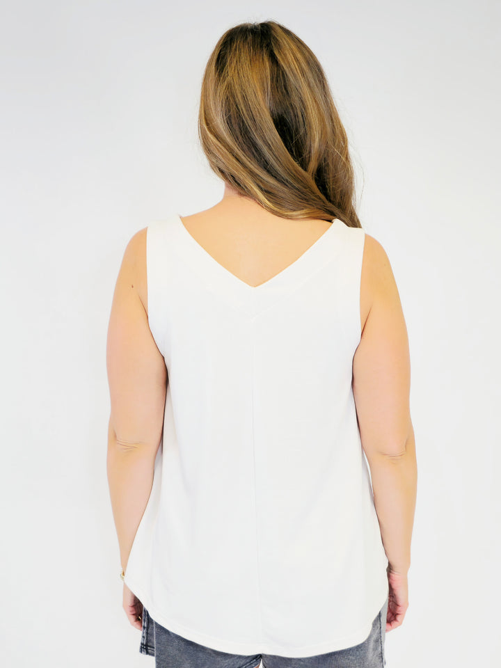 MODAL V-NECK SLEEVELESS SWING TOP - CREAM