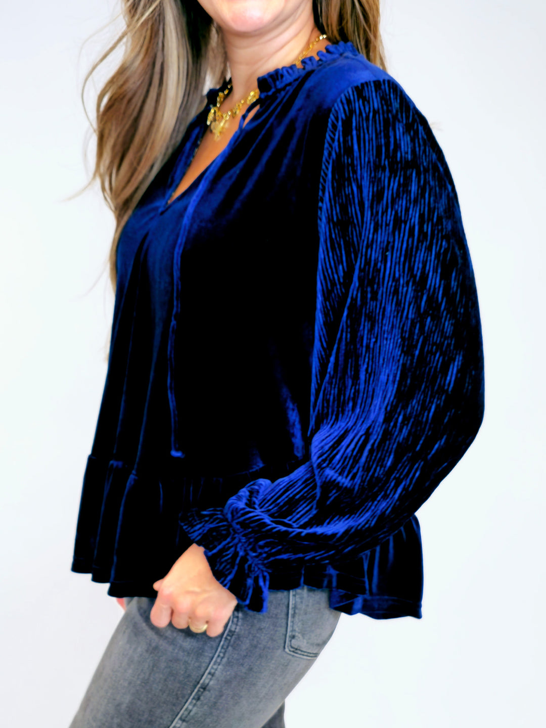 VELVET RIBBED SLEEVE V-NECK TIE TOP - NAVY