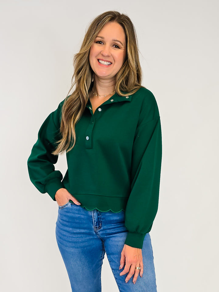 LONG SLEEVE SCALLOP HEM TOP - GREEN
