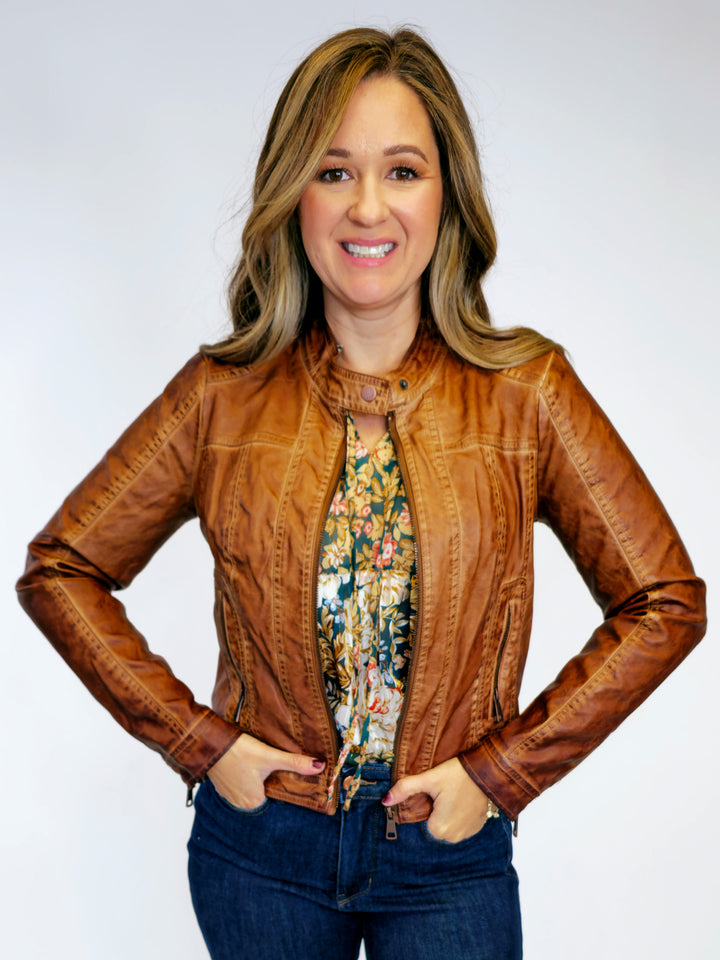 GARMENT DYE VEGAN LEATHER JACKET - TOBACCO