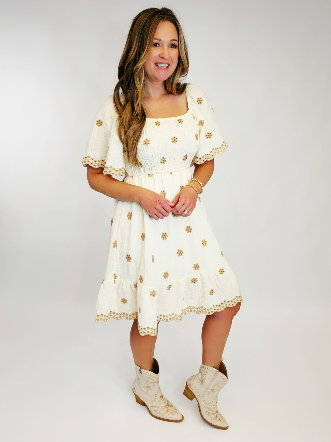 EMBROIDERED COTTON GAUZE SHORT DRESS - IVORY