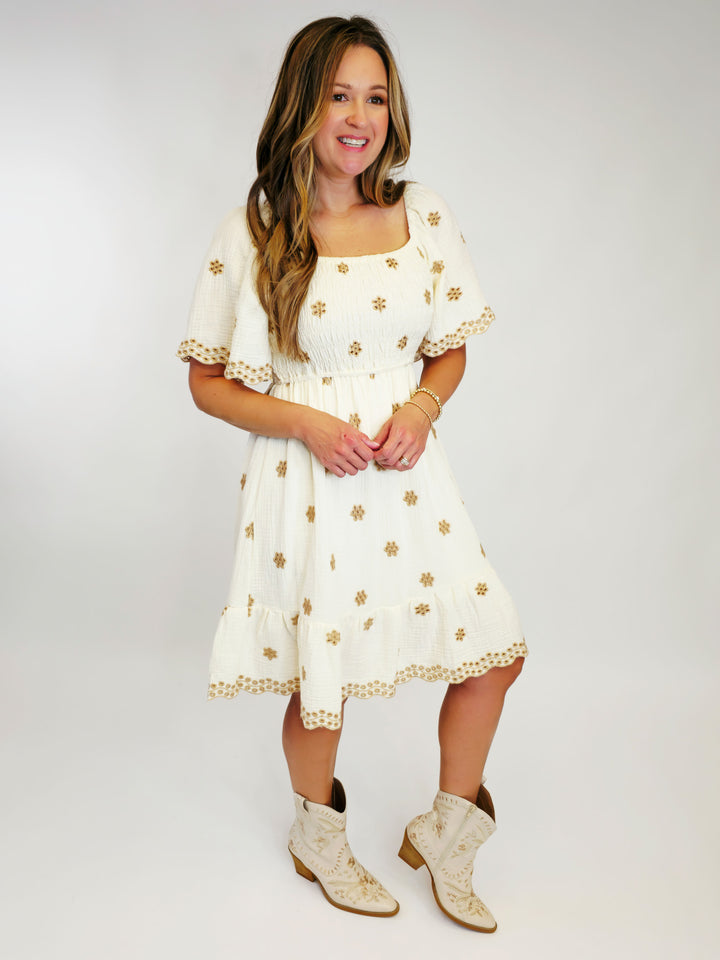 EMBROIDERED COTTON GAUZE SHORT DRESS - IVORY