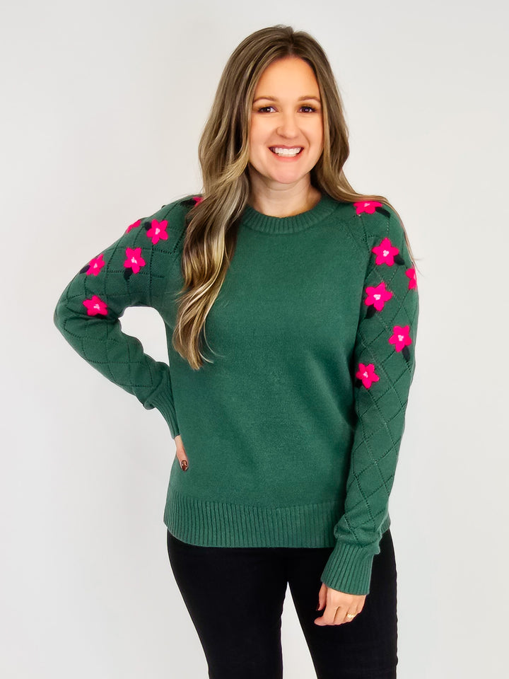 FLORAL EMBROIDERED CREW NECK SWEATER - PINE GREEN