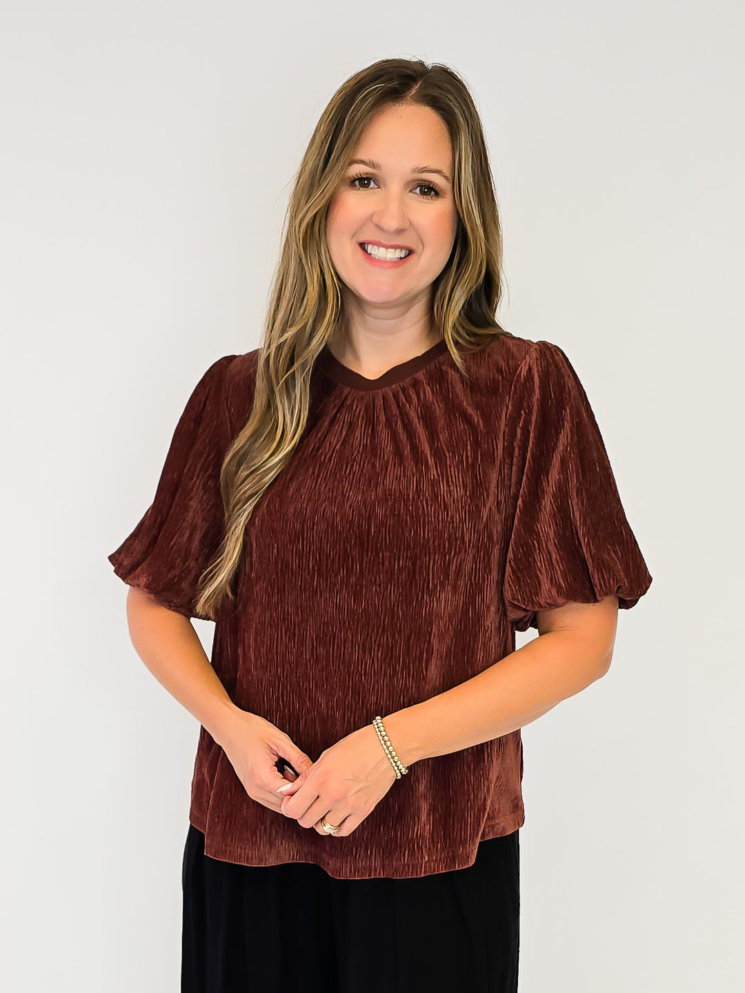 GOLD SPECKLED TEXTURED VELVET BUBBLE SLEEVE TOP - BROWN