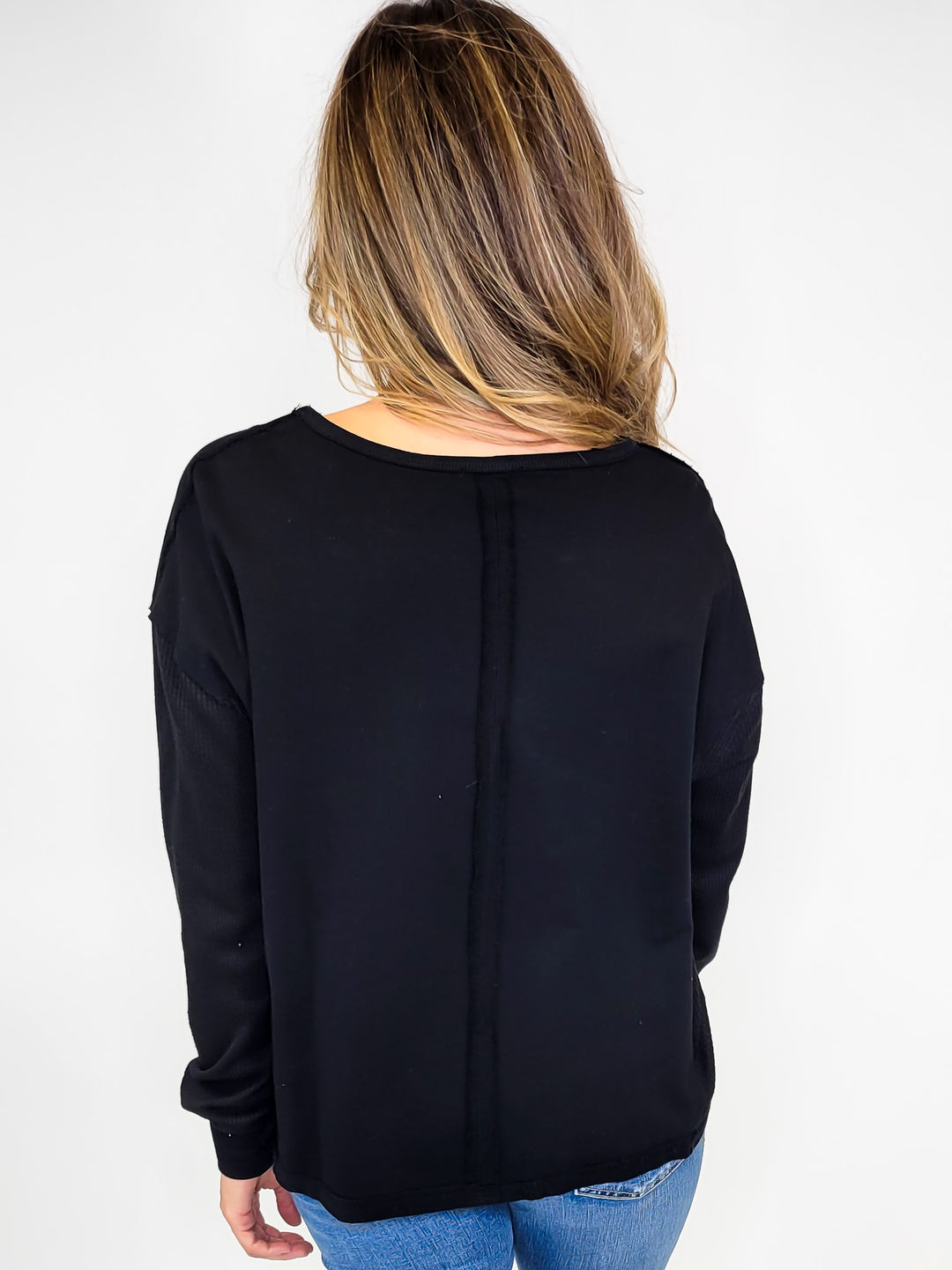 FRENCH TERRY WAFFLE KNIT LONG SLEEVE TOP - BLACK