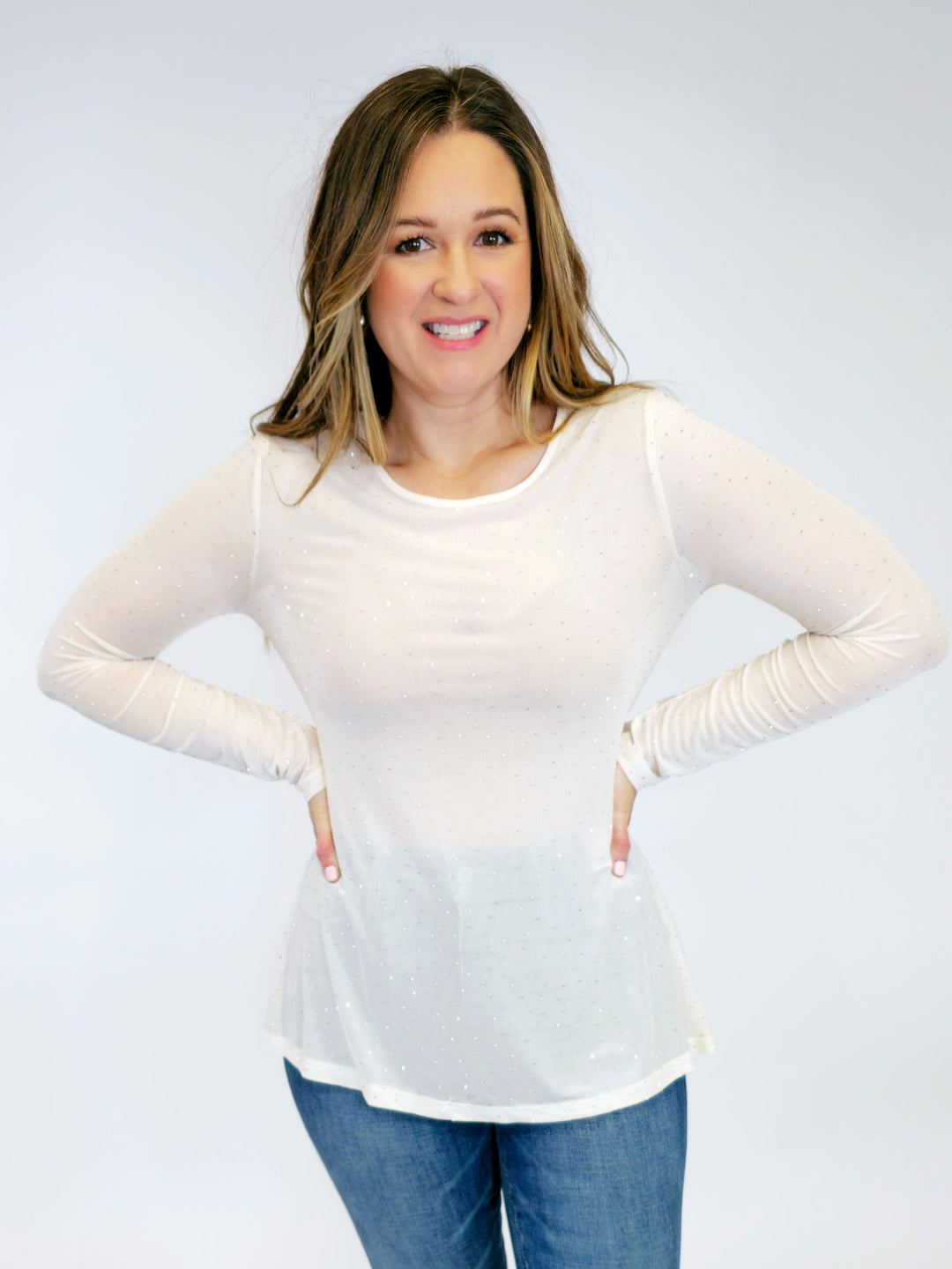 LONG SLEEVE SPARKLY MESH TOP - BEIGE