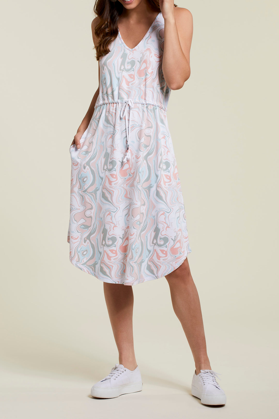 V-NECK DRESS W/ DRAWSTRING WAIST - PALE CORAL