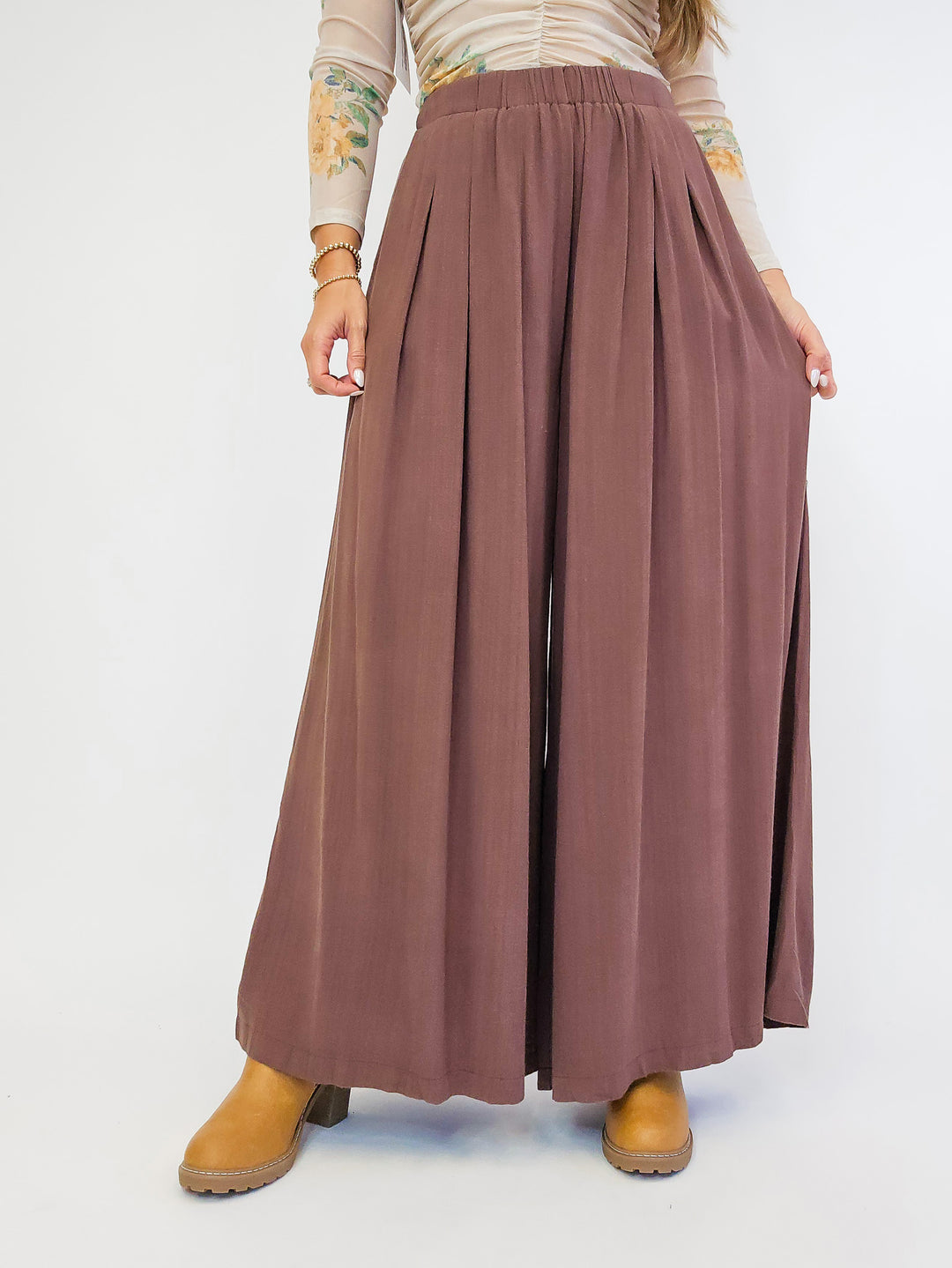 HIGH WAIST WIDE LEG PALAZZO LINEN PANTS - BROWN
