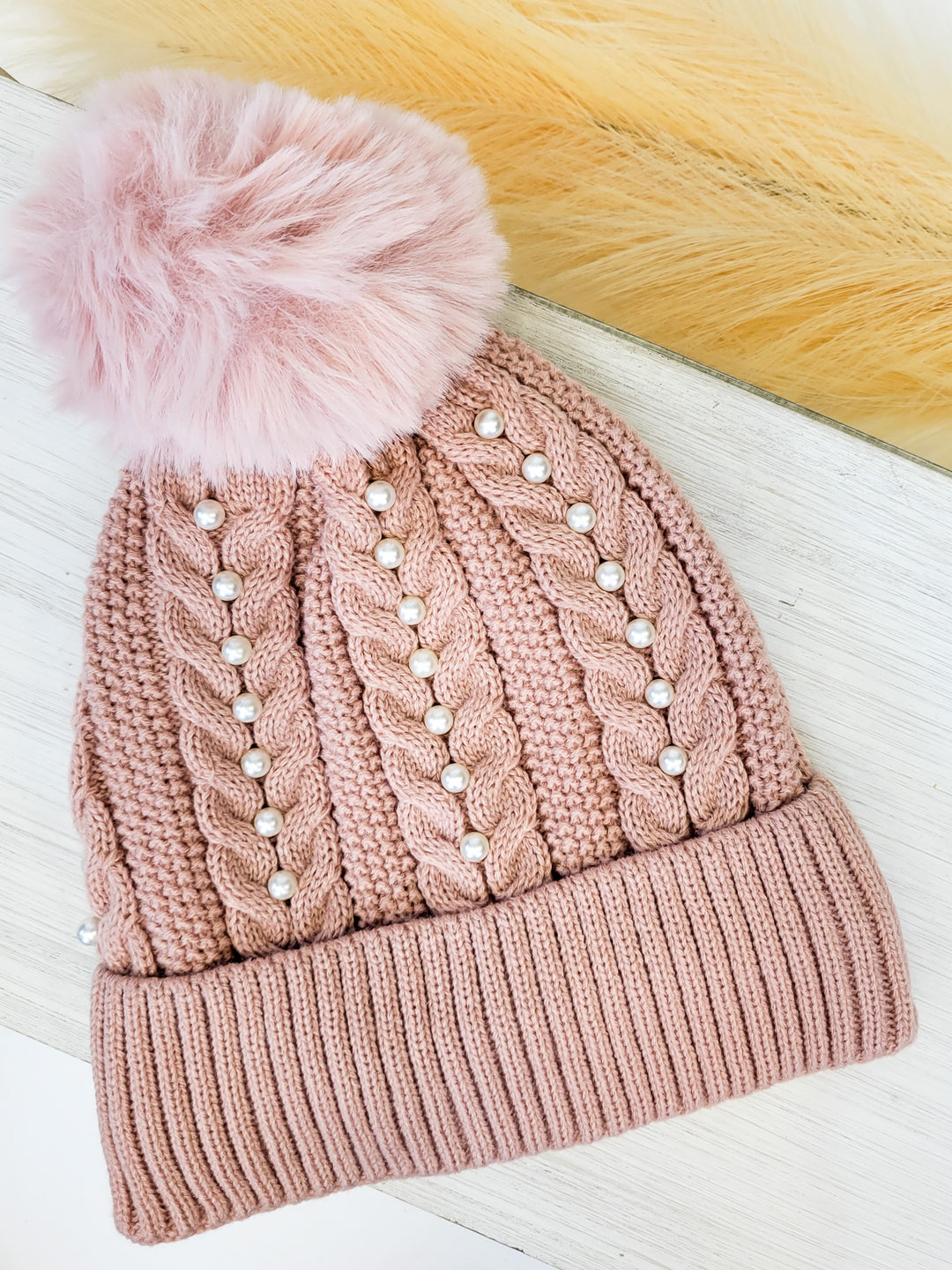 FUR LINING CABLE KNIT HAT W/PEARLS - DUSTY PINK