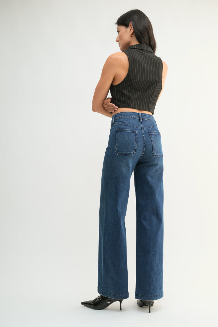 JBD HIGH RISE MINI PATCH POCKET WIDE LEG JEANS - DARK - 31" INSEAM
