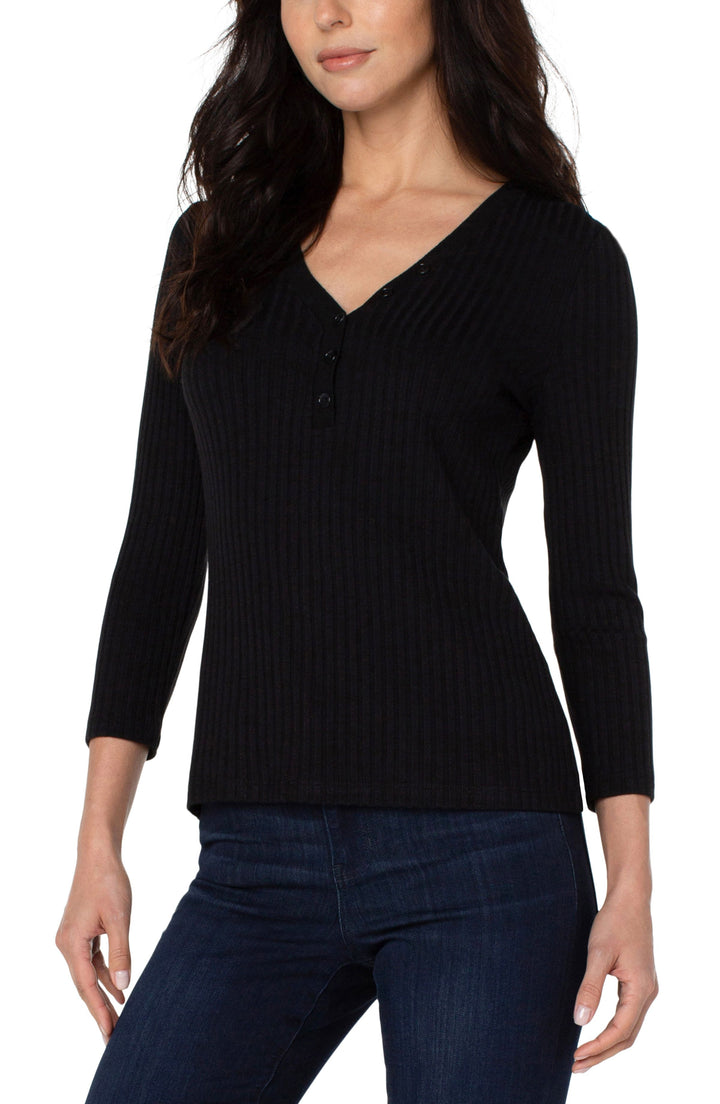 3/4 SLEEVE BUTTON FRONT RIBBED HENLEY TOP - BLACK