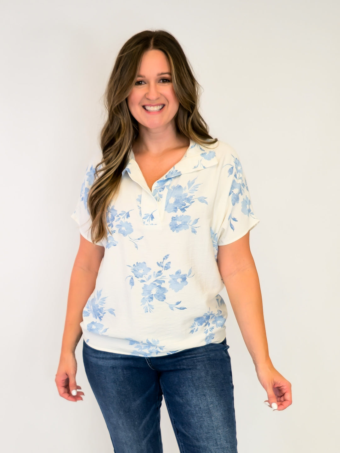 PRINTED COLLARED SHORT SLEEVE BLOUSE - LIGHT BLUE FLORAL