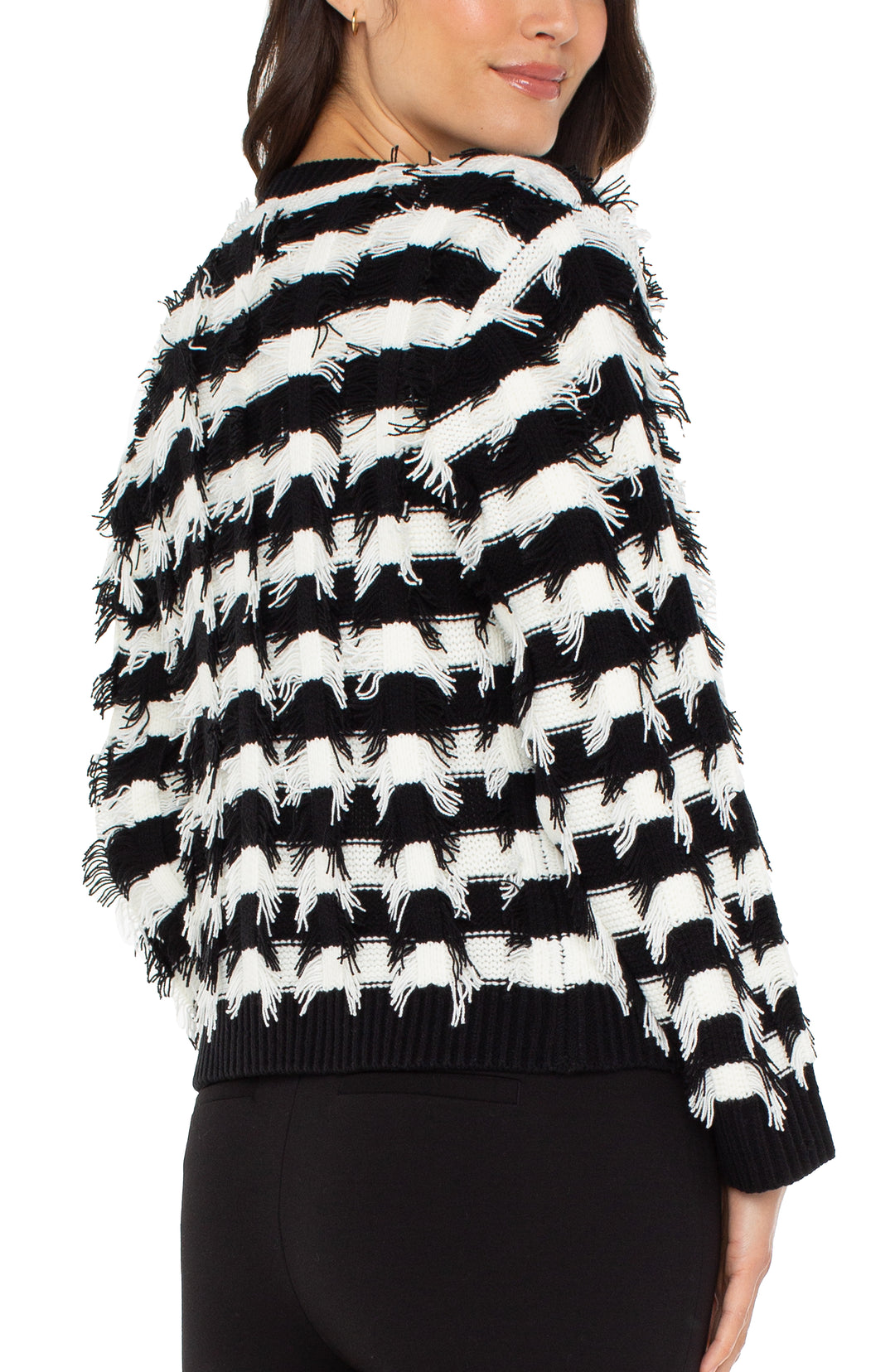 LONG SLEEVE STRIPED CARIDGAN SWEATER - BLACK/WHITE