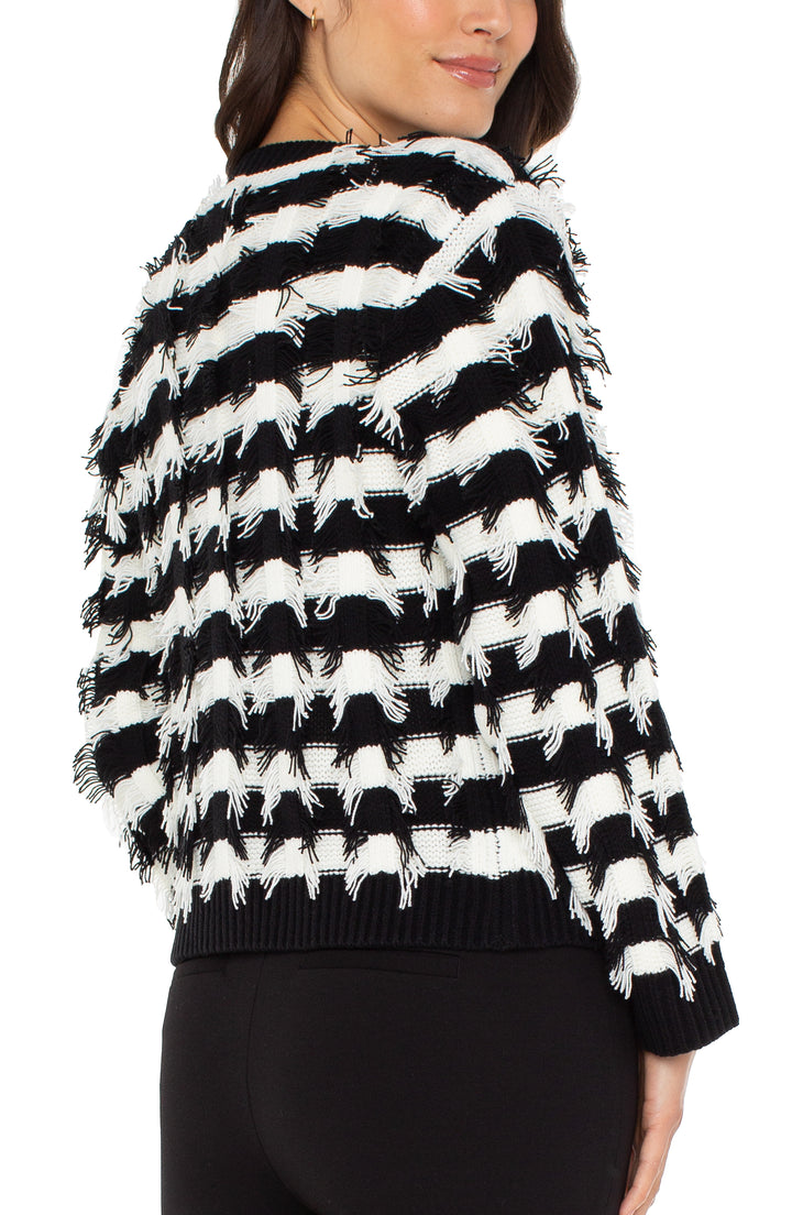 LONG SLEEVE STRIPED CARIDGAN SWEATER - BLACK/WHITE