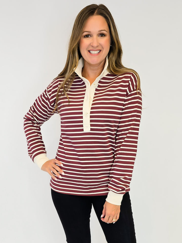 HALF BUTTON COLOR CONTRAST STRIPED SWEATSHIRT - BURGUNDY