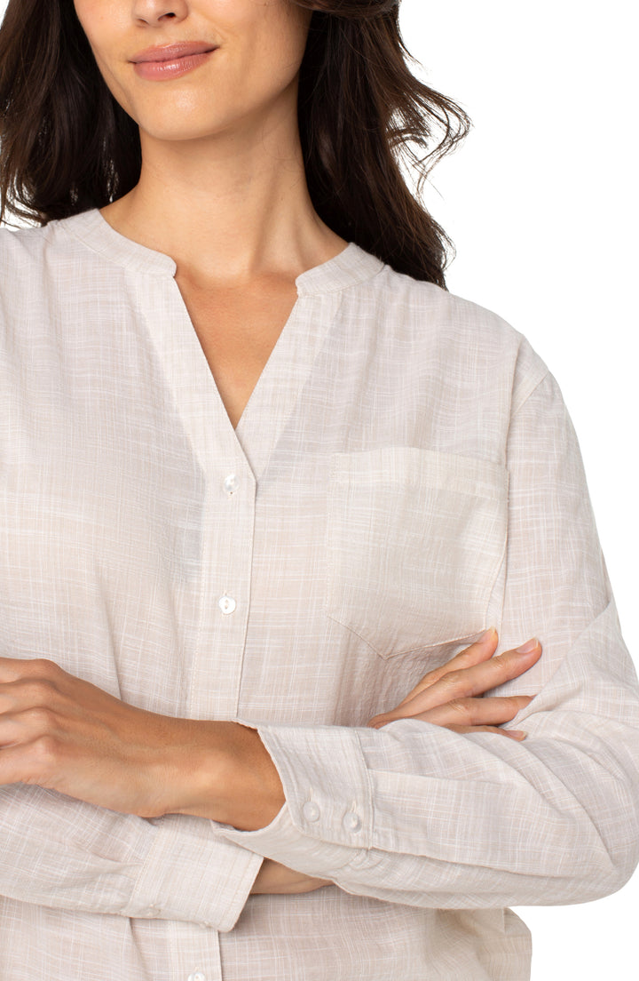 L/S BUTTON FRONT WOVEN SHIRT - LIGHT TAN/WHITE