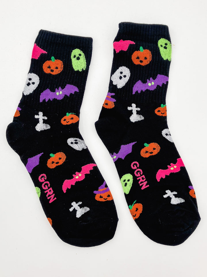 HALLOWEEN CREW SOCKS - BAT/PUMPKIN - BLACK