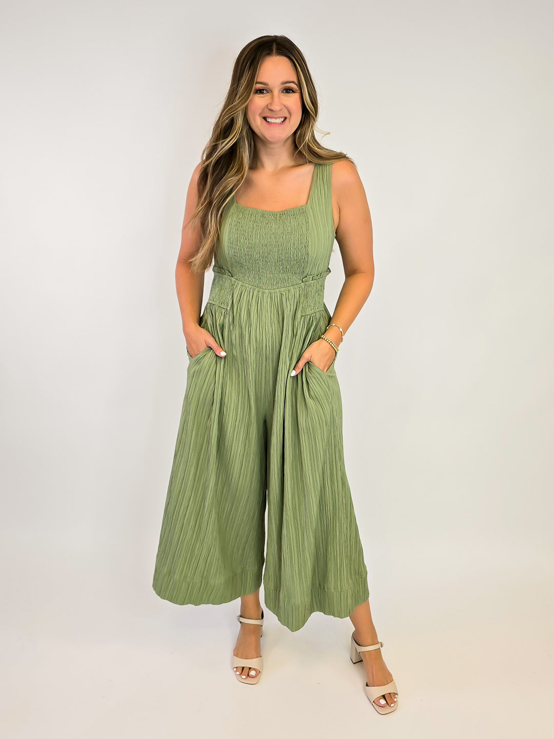 CRINKLED FABRIC WIDE LEG JUMPSUIT - DARK SAGE