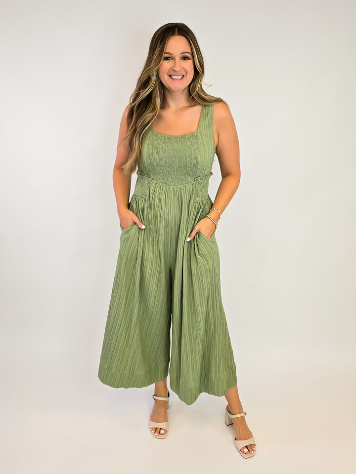 CRINKLED FABRIC WIDE LEG JUMPSUIT - DARK SAGE