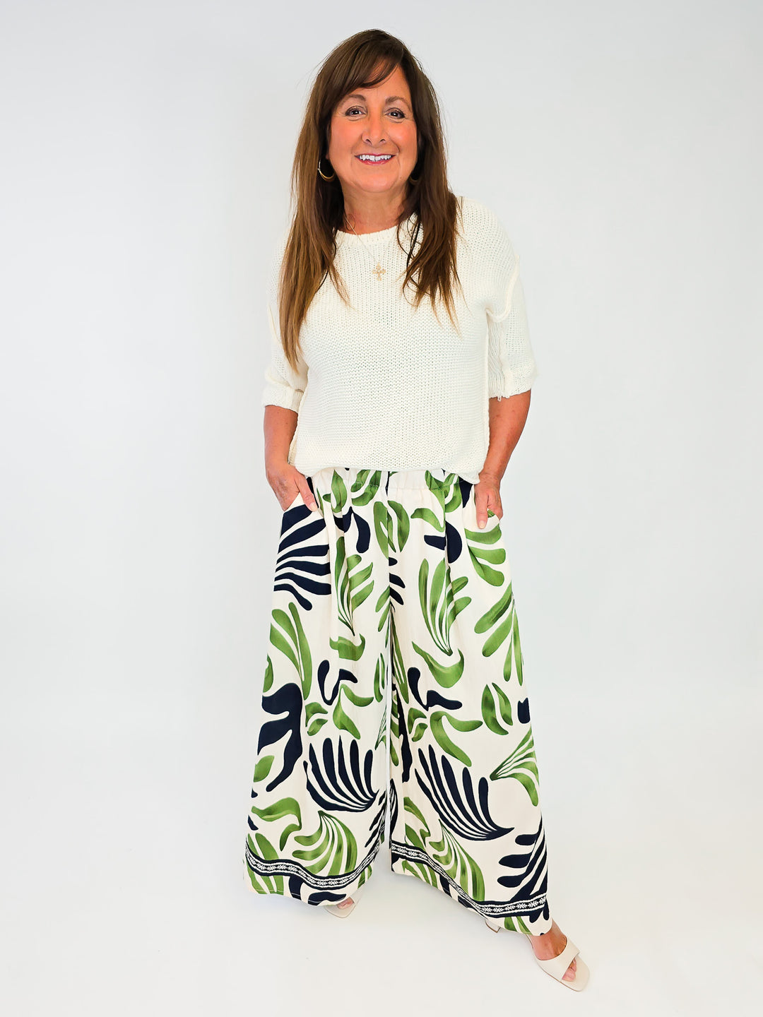 MIX TROPICAL LEAF PRINT WIDE LEG PANTS - OLIVE MIX