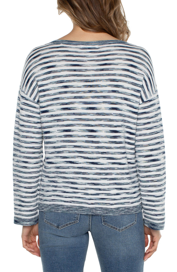 BOXY CROPPED BOAT NECK SWEATER - OCEAN BLUE STRIPED