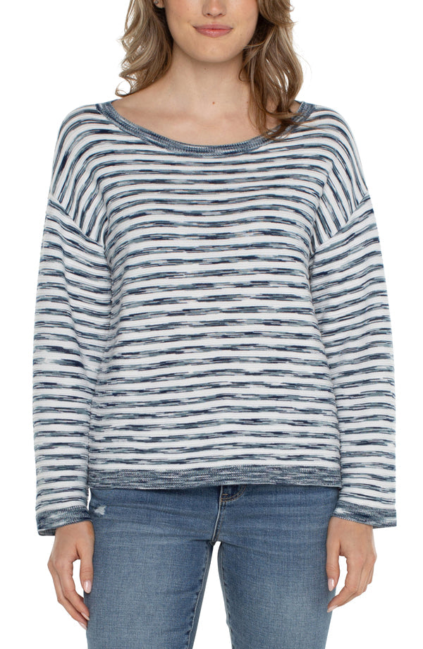 BOXY CROPPED BOAT NECK SWEATER - OCEAN BLUE STRIPED