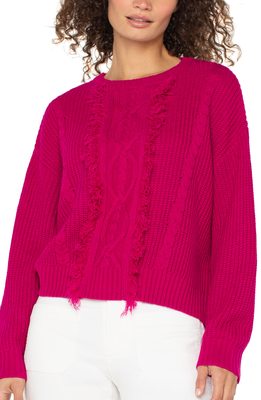 LONG SLEEVE MOCK NECK SWEATER W/FRINGE - DEEP RASPBERRY PINK