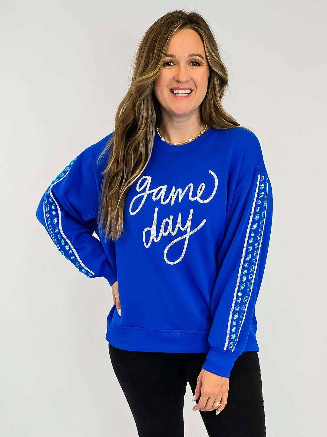 SHORT SLEEVE SARAH GAME DAY SWEATSHIRT - BLUE/WHITE