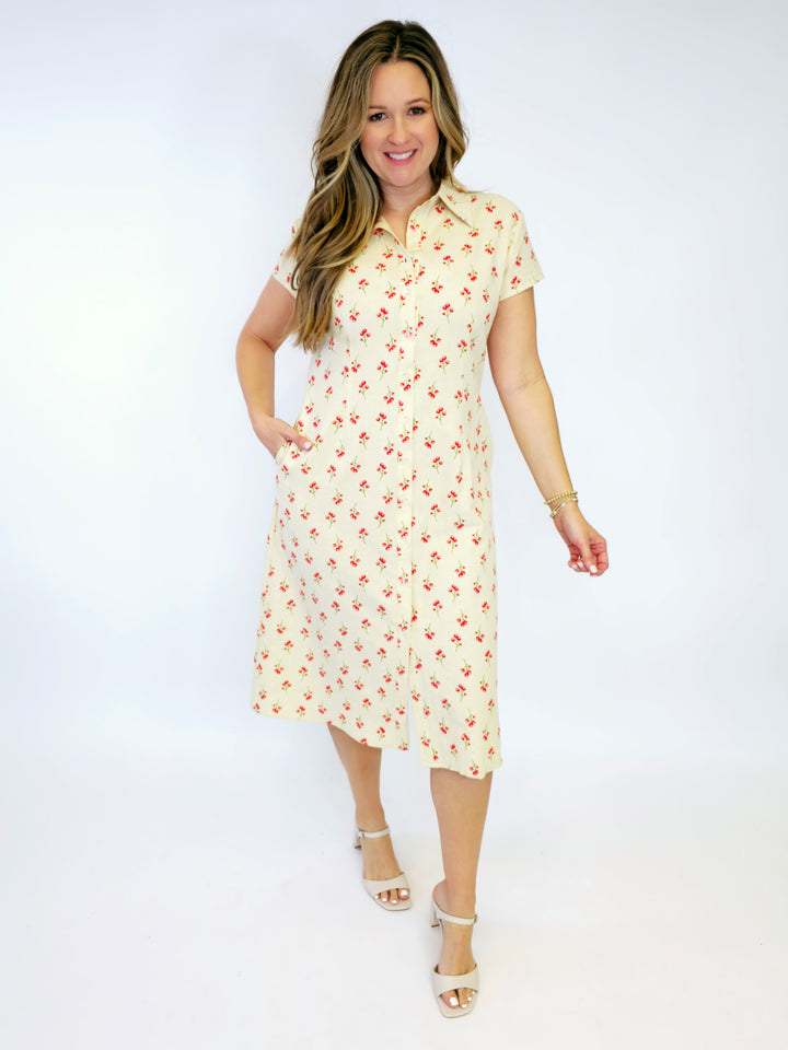 SWEET CHERRY COLLARED MIDI DRESS - CREAM