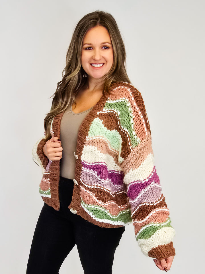MULTI-STRIPE CHUNKY KNIT CARDIGAN - BROWN MIX
