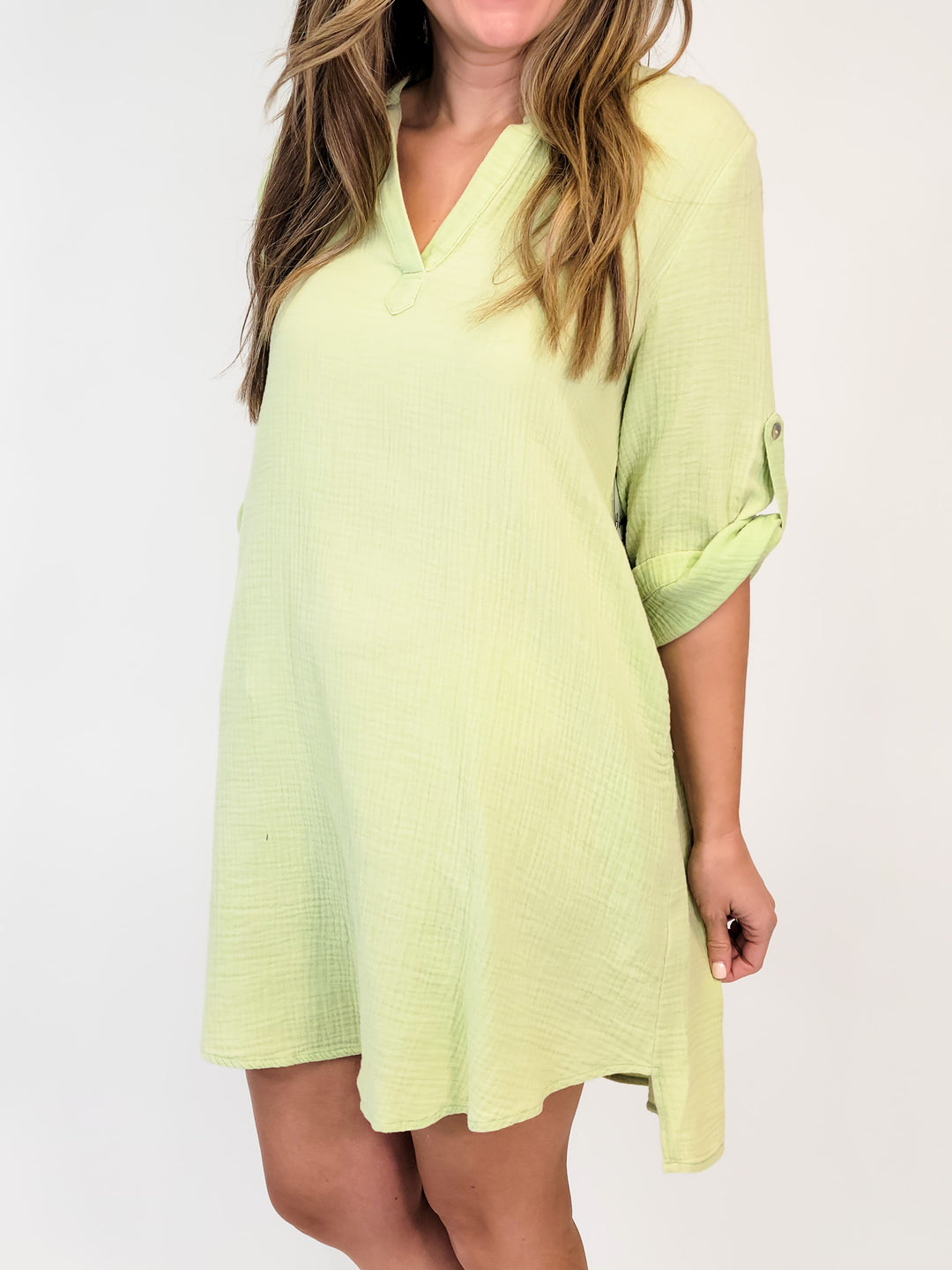 COTTON BUTTON TAP MINERAL WASHED SHIRT DRESS - GREEN