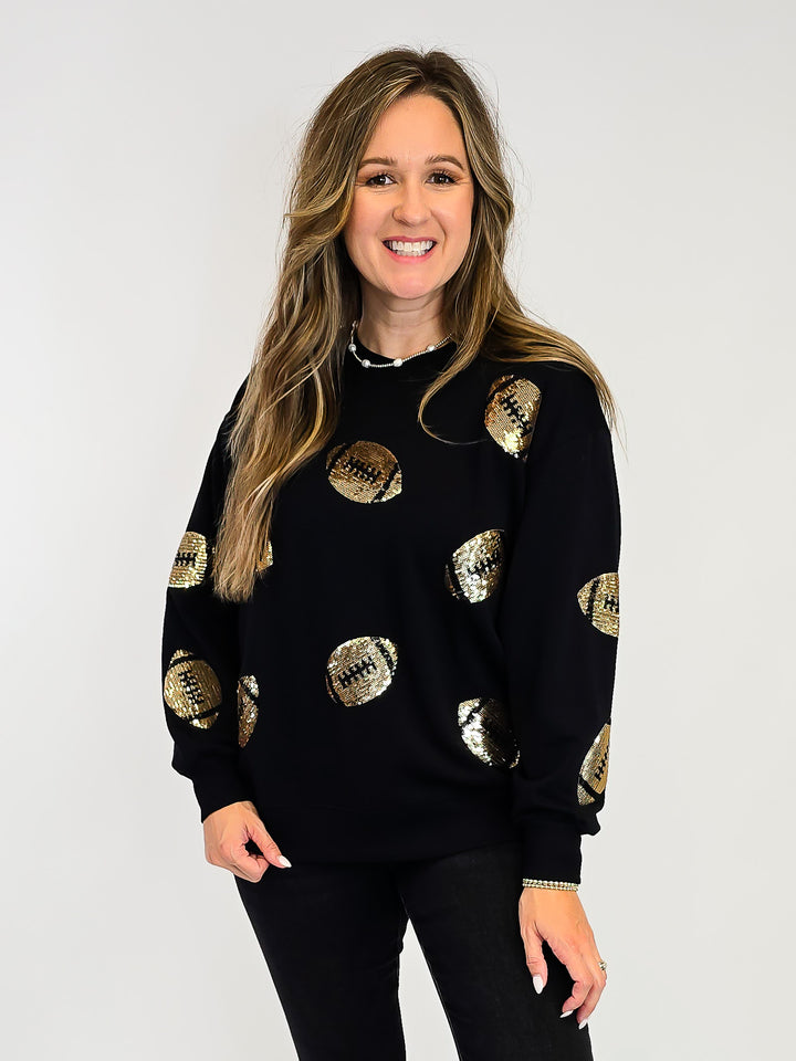 3/4 SLEEVE SARAH SEQUIN FOOTBALL SWEATSHIRT - BLACK/GOLD