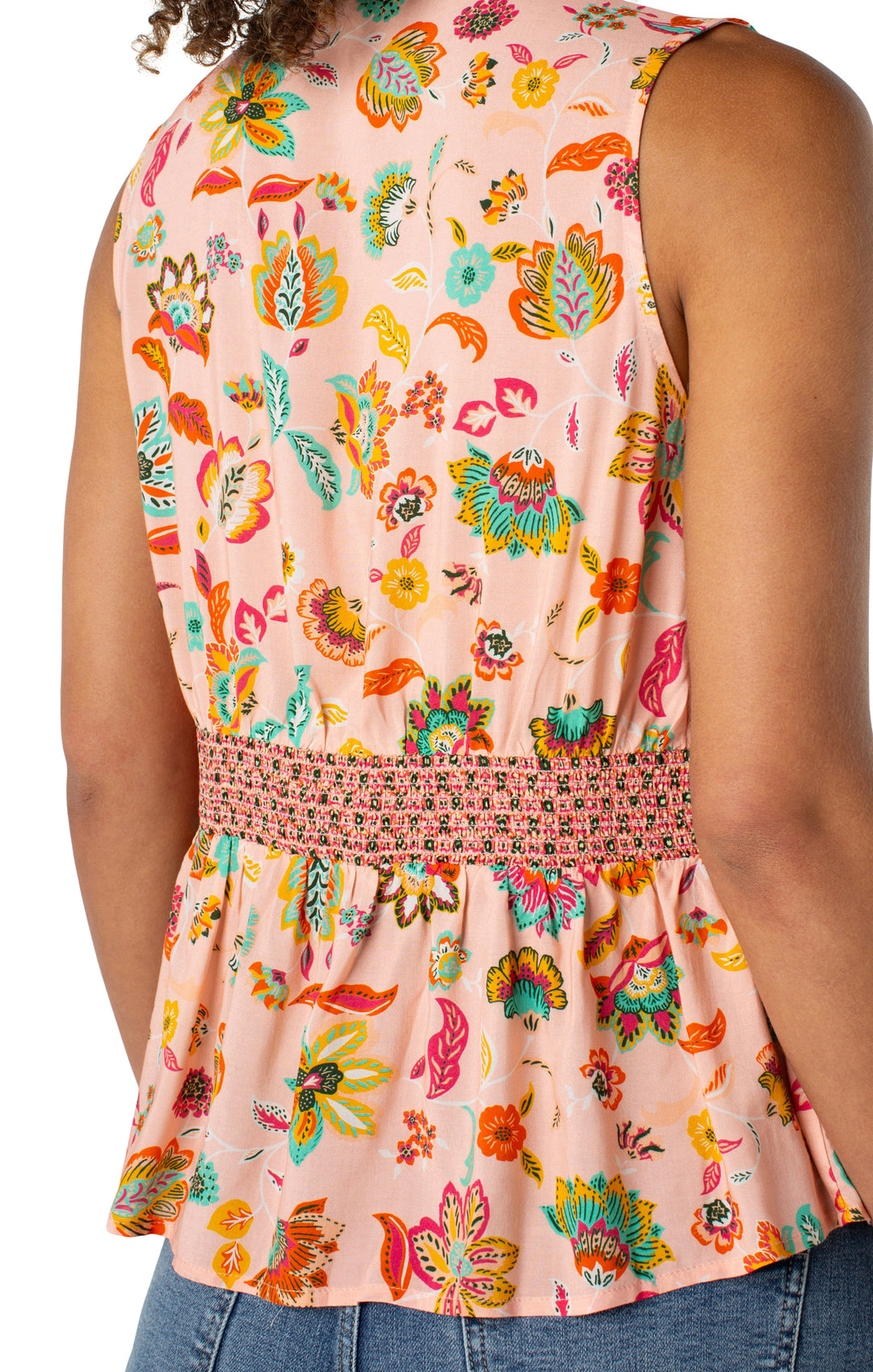 SLEEVELESS WOVEN TOP W/SMOCKED WAIST - PINK/GREEN
