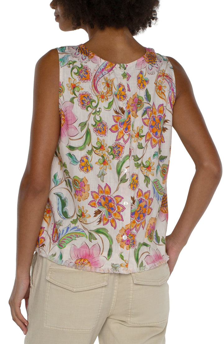 SLEEVELESS WOVEN TOP W/BUTTON BACK & FRAY HEM - PINK FLORAL