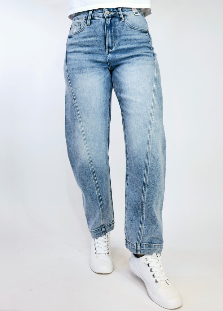 JUDY BLUE HW SIDE PANEL BARREL LEG JEANS - MEDIUM -29" INSEAM
