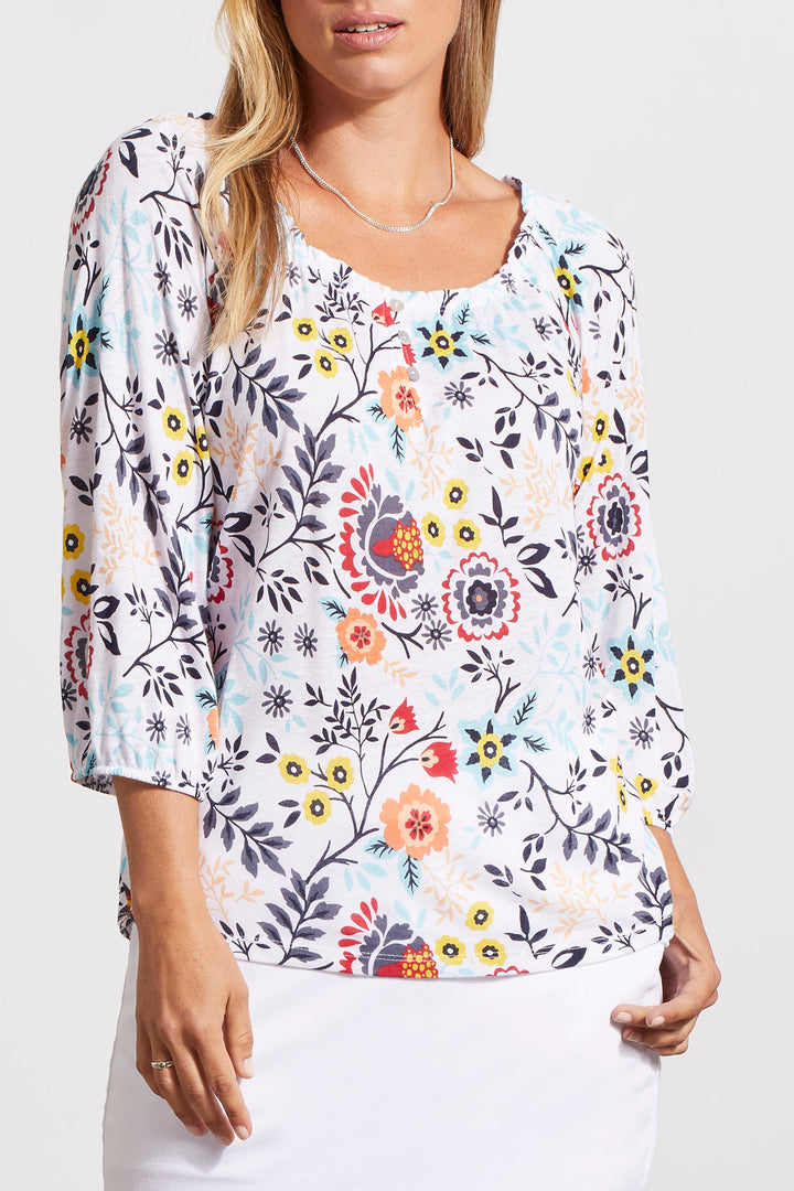 3/4 SLEEVE PEASANT TOP W/BUTTONS - FLORAL BLUE