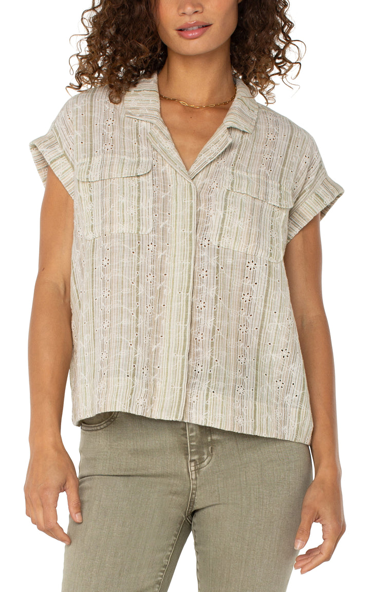 COLLARED DOLMAN CAMP SHIRT W/HIDDEN PLACKET - GREEN/TAN STRIPE