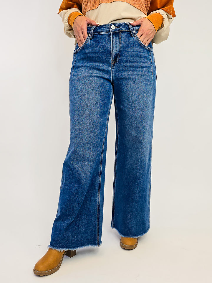 RISEN MID RISE FRAY HEM WIDE LEG JEANS - DARK - 30.5" INSEAM