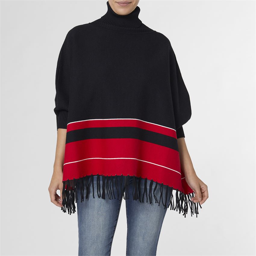 Poncho Cowl Neck Top - Red Black Striped