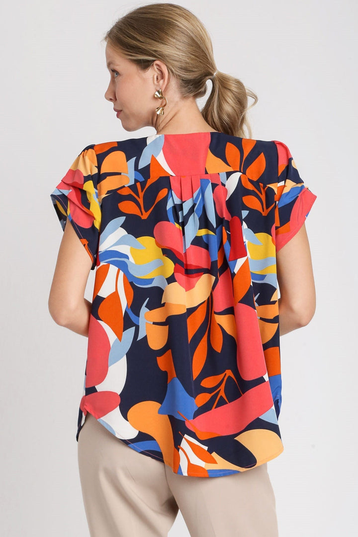 SHORT SLEEVE ABSTRACT PRINT HIGH/LOW TOP - NAVY MIX