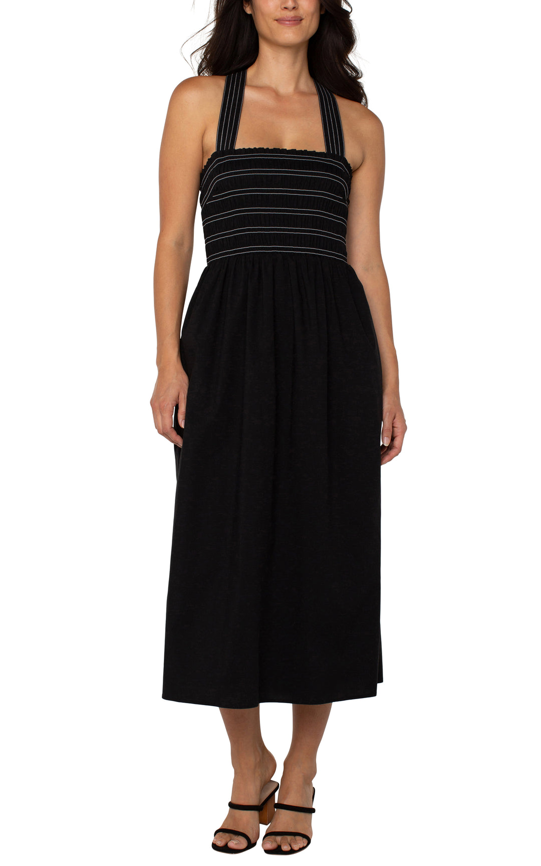 SLEEVELESS SMOCKED WOVEN MIDI DRESS - BLACK