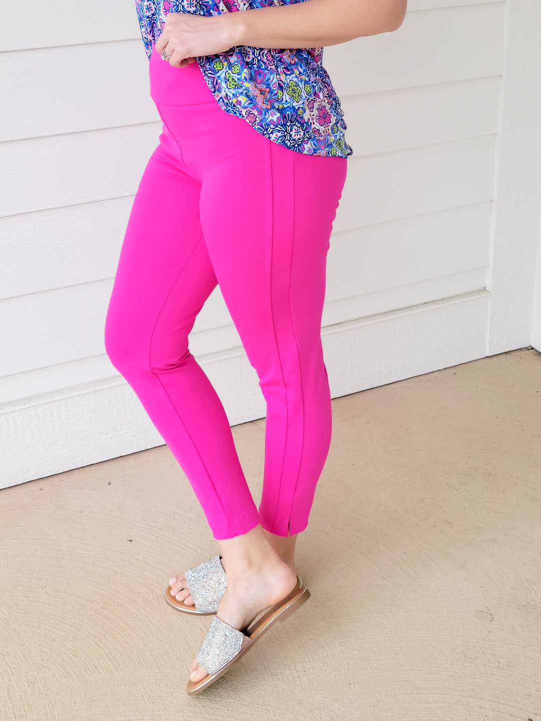 STRETCHY SOLID DRESS ANKLE PANT - HOT PINK