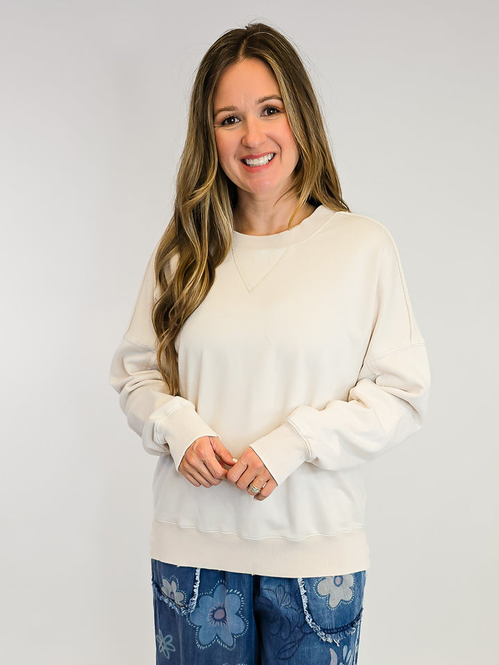 MINERAL WASHED TERRY PULLOVER - ECRU