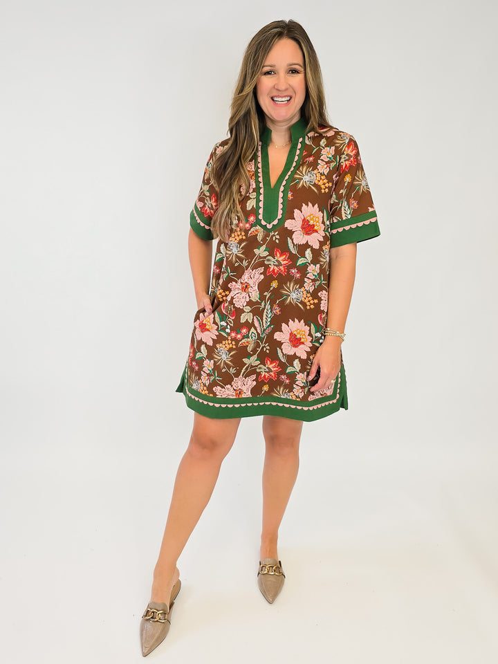 FLORAL PRINT SHORT DRESS W/CAFTAN NECK BAND - BROWN