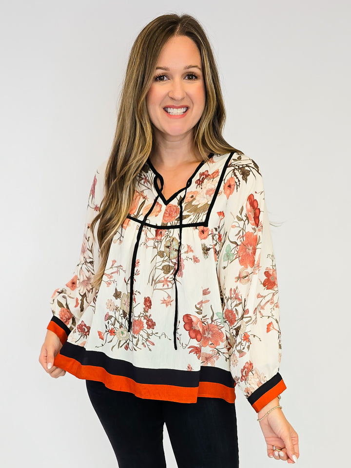 3/4 PUFF SLEEVE FLORAL BLOUSE - RUST