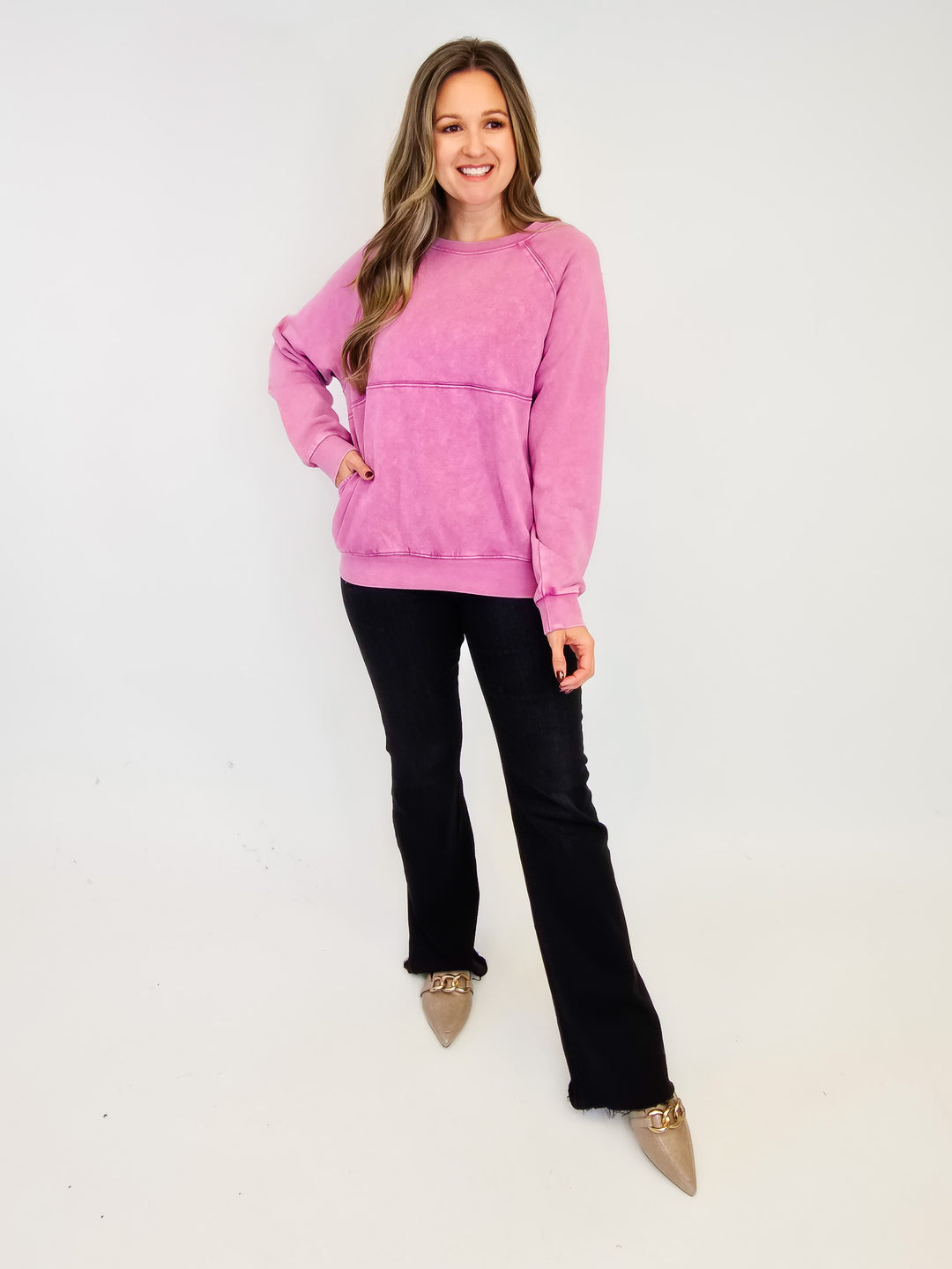 LONG SLEEVE MINERAL WASHED TERRY PULLOVER - ORCHID