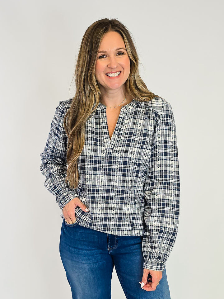PLAID LONG SLEEVE IRENE TOP - CREAM NAVY
